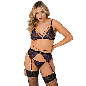 Daring Intimates 3PC Lace Bra, Panty & Garter Set (Purple), čipková 3-dielna súprava