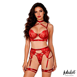 ADALET LINGERIE Hyacinth Bra Garter Set and Thong (Red), erotický set bielizne S/M