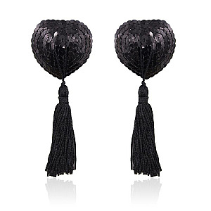 LATETOBED BDSM LINE Self-Adhesive Heart Sequin Nipple Cover with Tassel (Black), samolepiace krytky na bradavky