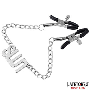 LATETOBED BDSM LINE Nipple clamps with Chain SLUT, nastaviteľné svorky na bradavky