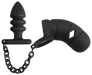 Black Velvets Cock Cage + Butt Plug (Black), análny pás cudnosti