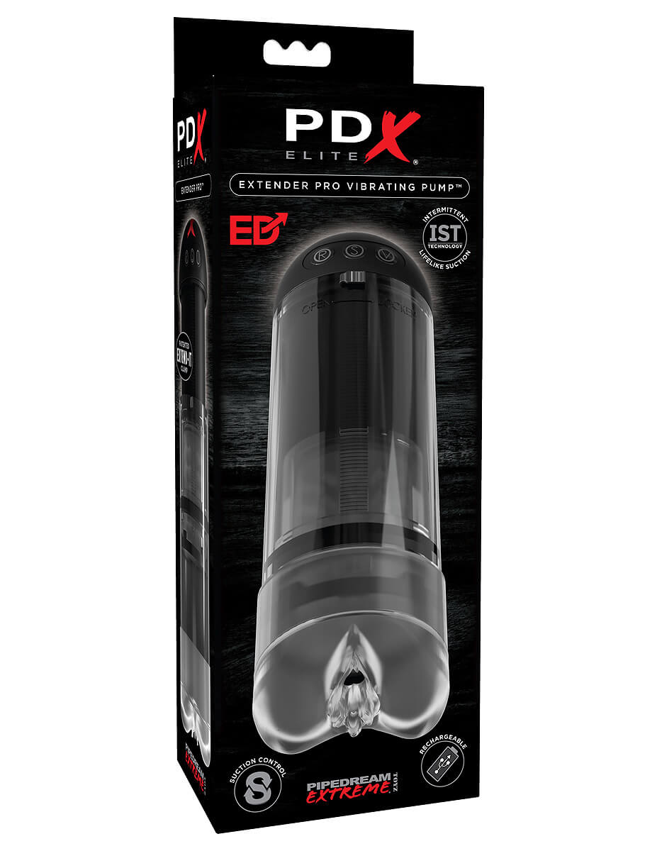 Pipedream PDX Elite Extender Pre Vibrating Penis Pump, vibračný masturbátor so saním, nabíjacie