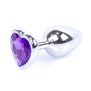 Boss Series Jewellery Silver Heart Plug Purple - strieborný análny kolík s drahokamom v tvare srdca 7 x 2,7 cm